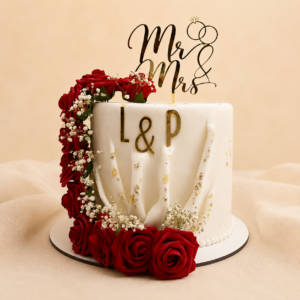 Hochzeitstorte mit roten Rosen – Elegante Mr. & Mrs. Torte